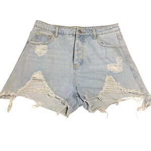 Signature 8 High-Waisted Distressed Frayed Hem Denim Shorts - Size Large